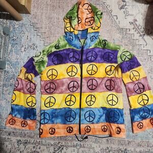 Hippie Peace Sign Hoodie XXL Tie Dye Striped Exposed Seam Zip Up Multi Jacket